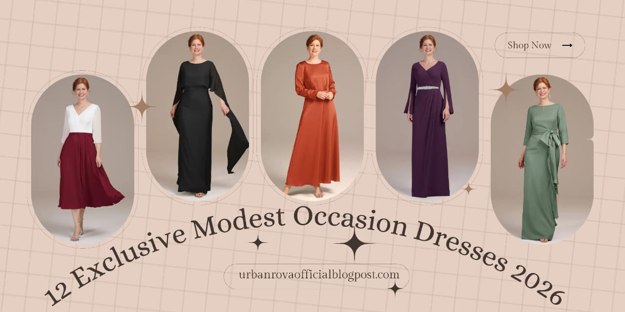 A curated collage of five stylish modest occasion dresses including tangerine, dusty rose, oil green, grape, and burgundy floor-length gowns, perfect for summer formal events.