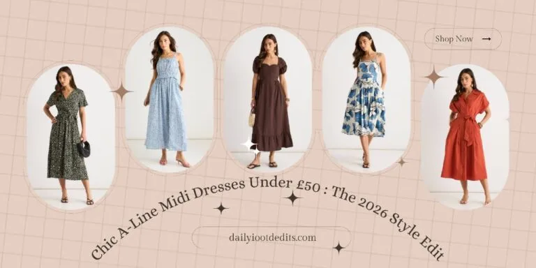 Collage of 5 stylish A-line midi dresses under €50 featuring summer fashion trends for 2026