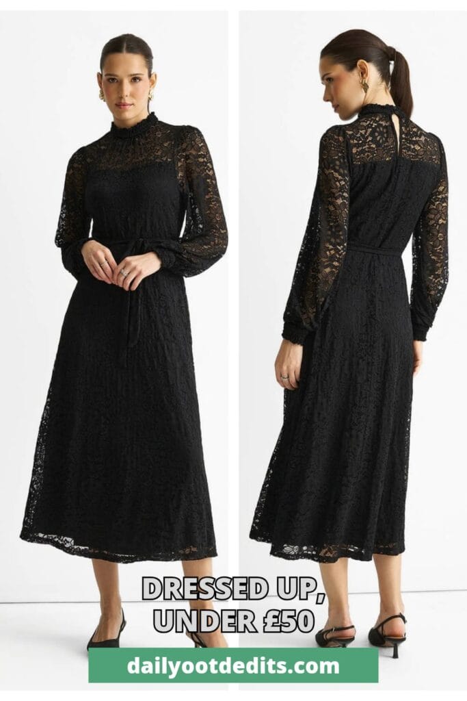 Affordable black high-neck lace midi dress for summer 2026