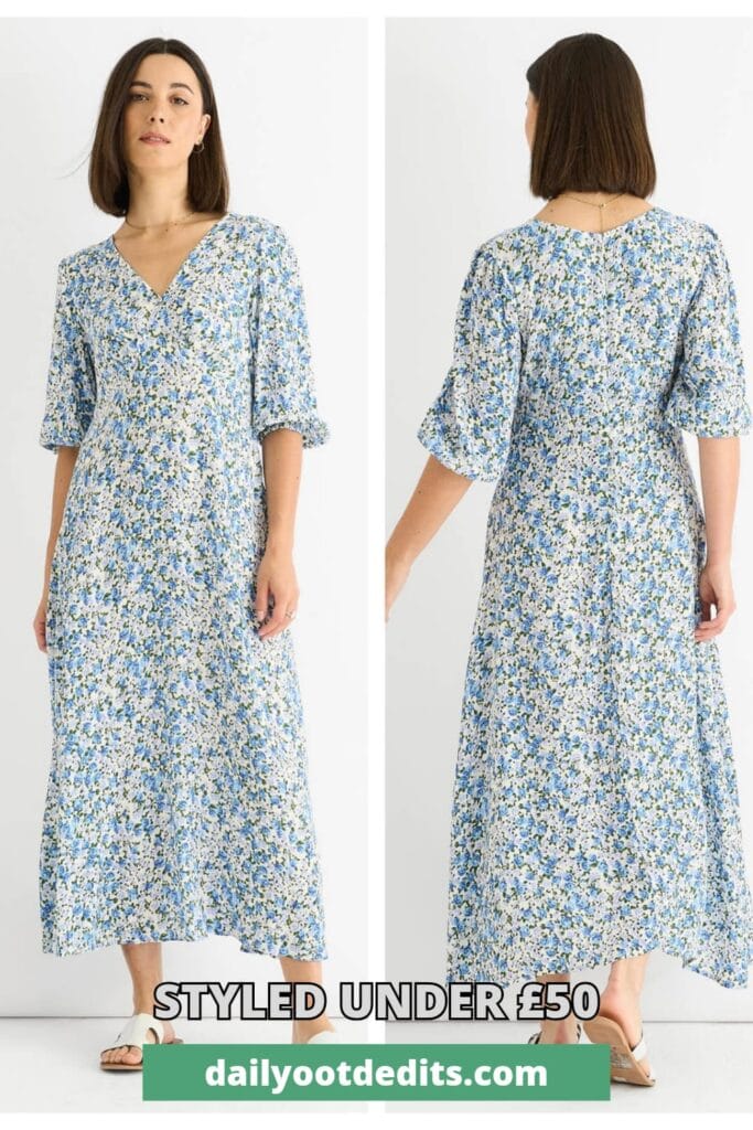 Affordable blue floral print viscose midi dress for summer 2026