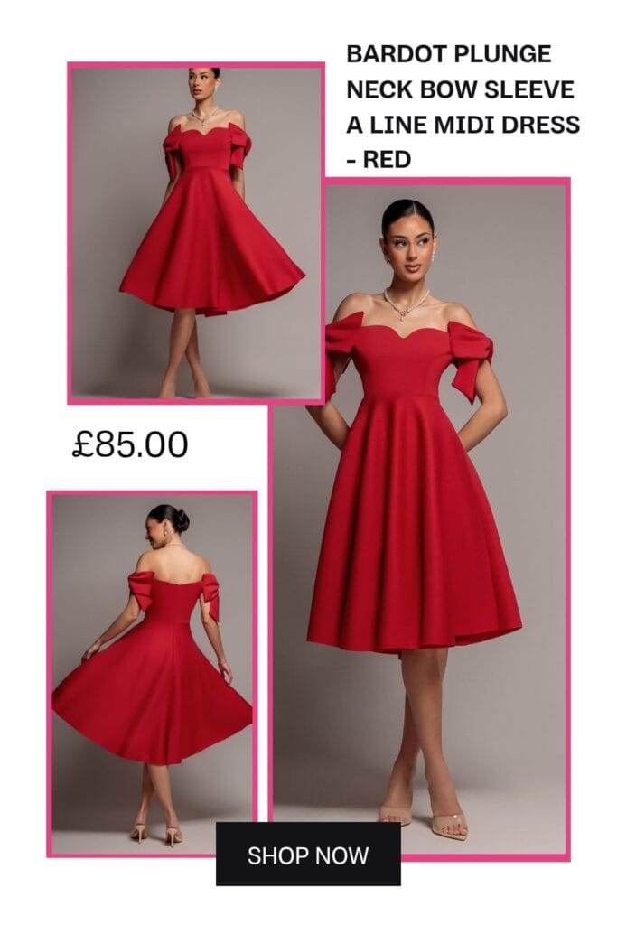 A elegant red Bardot A-line midi dress featuring a deep plunge neckline and sophisticated bow-adorned sleeves, styled for glamorous evening parties.