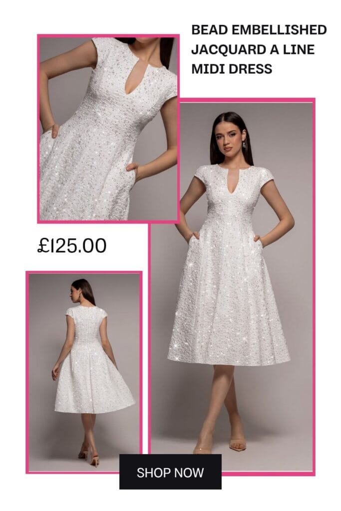 A beautiful white A-line midi dress made from textured jacquard fabric, featuring intricate bead embellishments and a flattering fit, perfect for elegant formal occasions.
