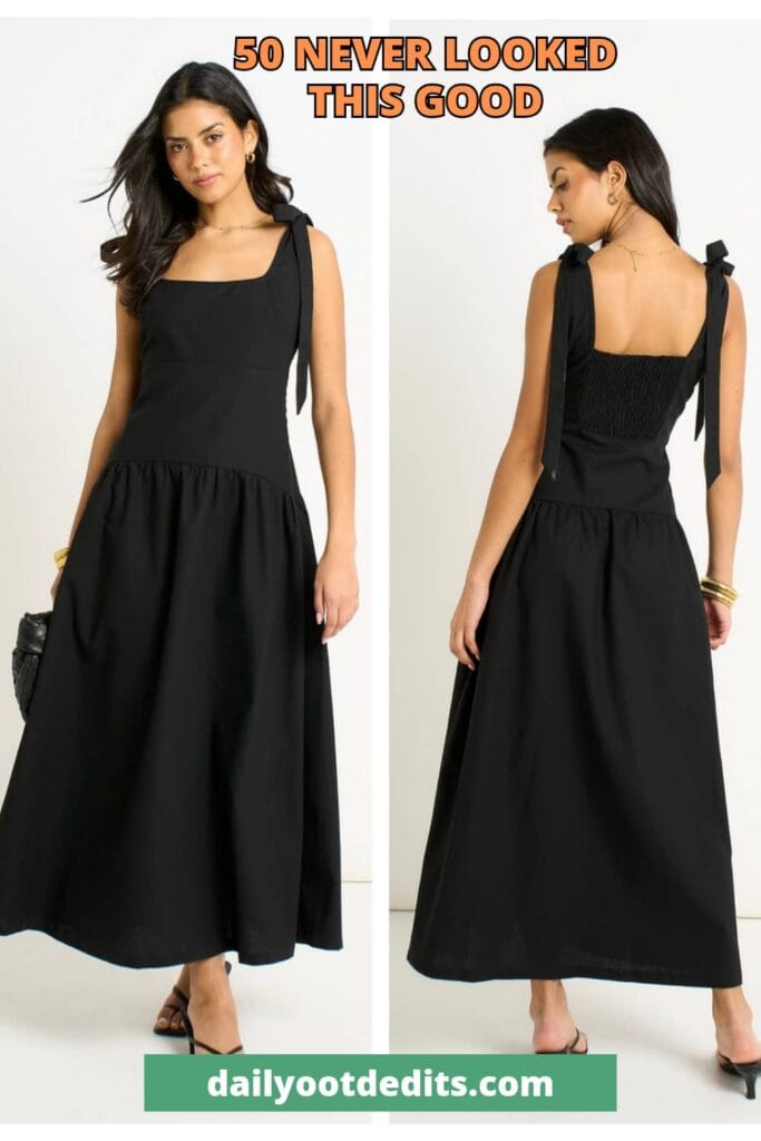 Black linen-mix drop-waist midi dress for summer 2026