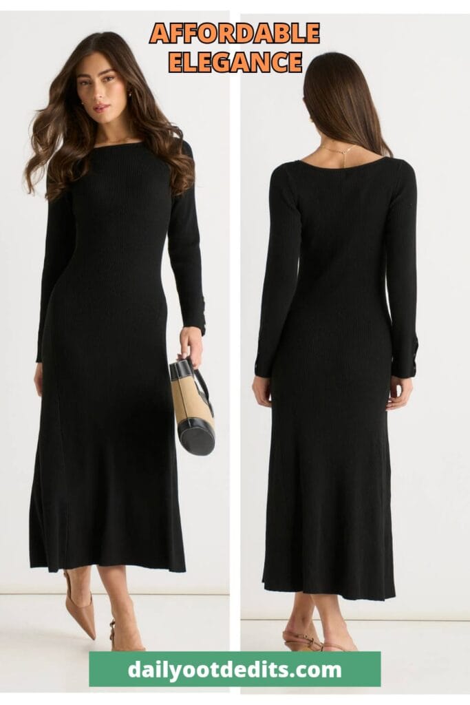 Black slash-neck knitted fit-and-flare midi dress for summer 2026