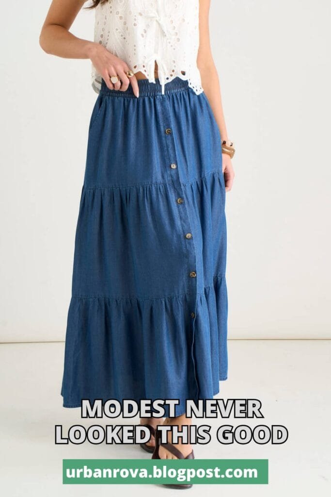The Perfect Office Capsule Wardrobe: 2026 Work Essentials Guide 13 Blue chambray elasticated button-front maxi skirt for 2026 summer capsule wardrobe
