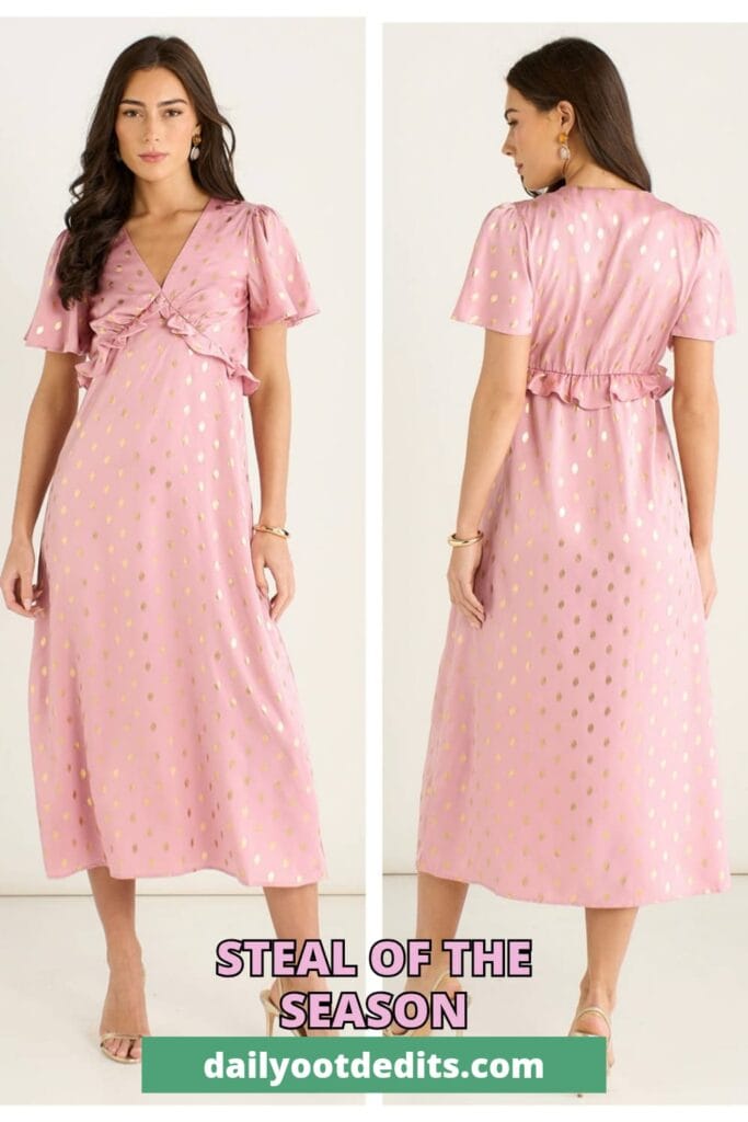 Blush metallic foil V-neck midi dress for summer 2026
