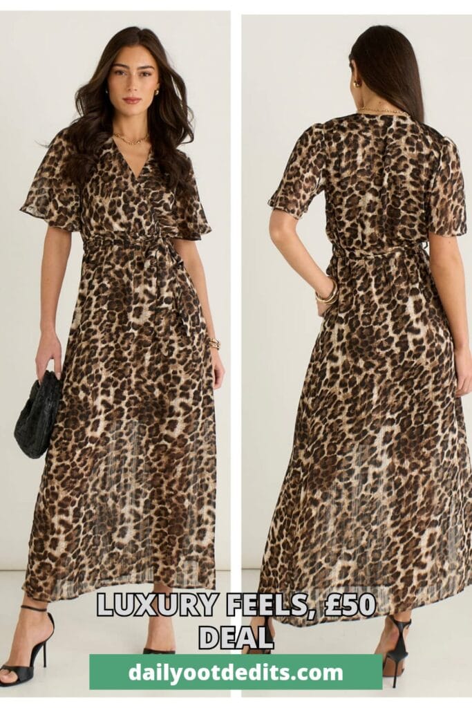 Brown chiffon animal print lurex stripe wrap midi dress for summer 2026