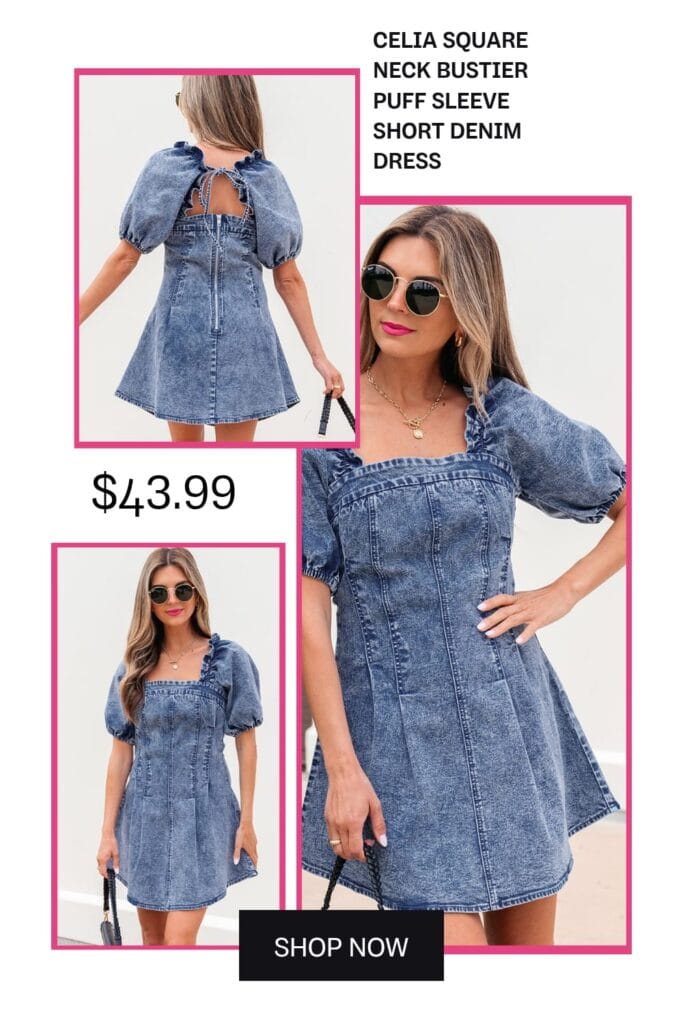 A stylish blue denim mini dress featuring a square neckline, bustier-style bodice, and chic puff sleeves, perfect for a modern casual outfit.