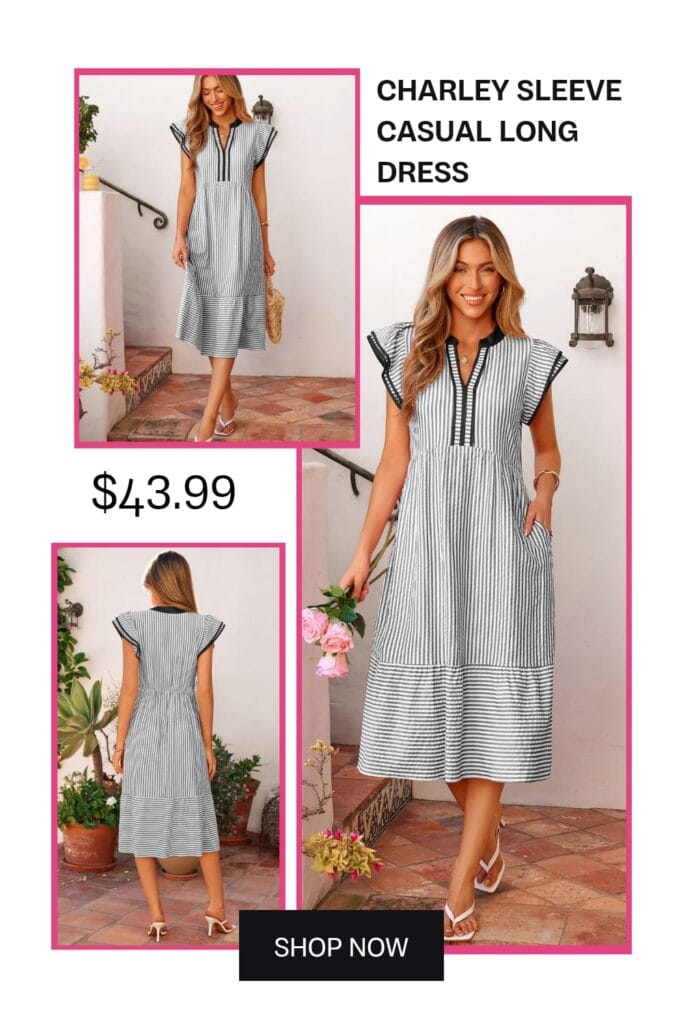 Charley sleeve casual long dress, comfortable summer maxi dress for brunch, stylish and affordable summer outfit ideas for women.