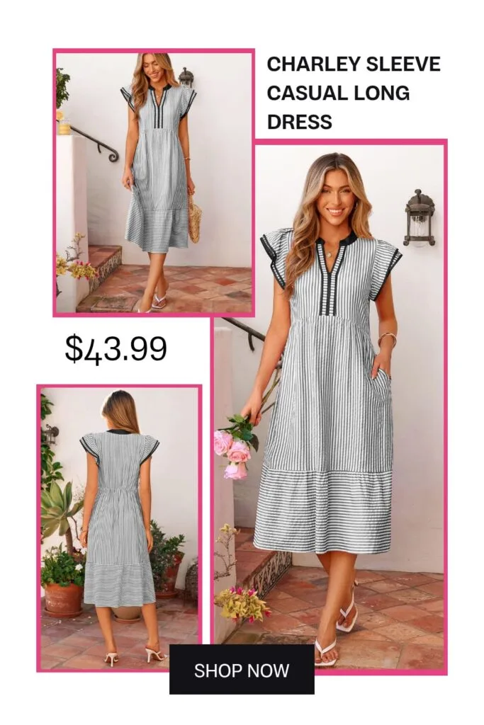 Charley sleeve casual long dress, comfortable summer maxi dress for brunch, stylish and affordable summer outfit ideas for women.