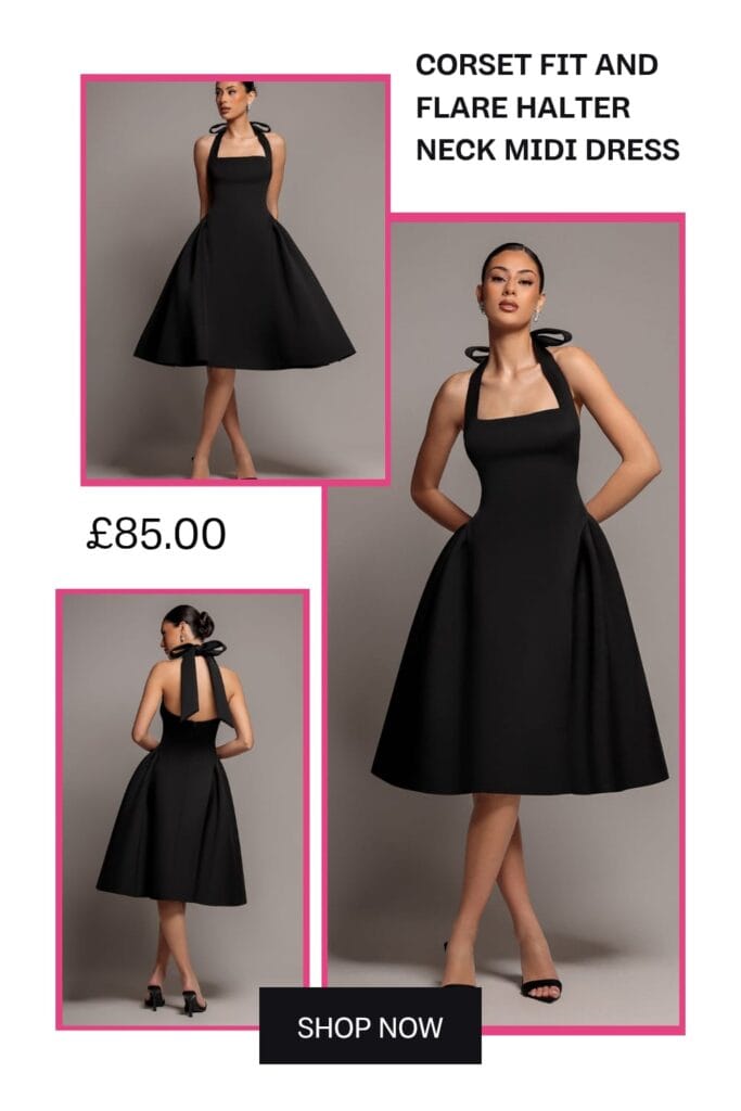 A sleek black basque fit and flare A-line midi dress featuring an elegant halter neckline, styled for formal evening parties and cocktail events.