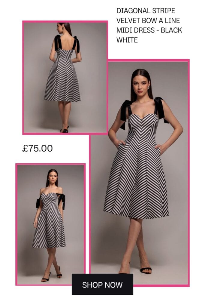 A woman wearing a sophisticated black and white diagonal stripe velvet A-line midi dress with long sleeves and a bow detail, perfect for evening wear.