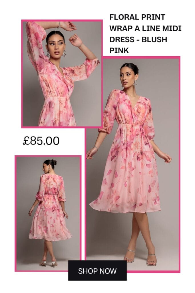 A beautiful blush pink floral print wrap A-line midi dress featuring a V-neckline and a flowy skirt, styled for spring garden parties and weddings.