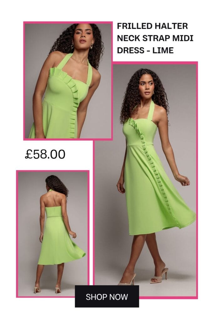 A stylish lime A-line midi dress featuring a trendy halter neck strap and feminine frill details, perfect for summer parties and tropical outings.