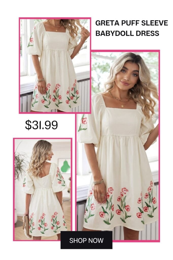 Greta puff-sleeve babydoll dress, stylish summer brunch outfit, feminine and chic summer fashion for women.