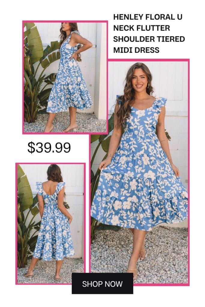 A beautiful floral print midi dress with a U-neckline and flutter sleeves, featuring a tiered skirt for an elegant, casual look.