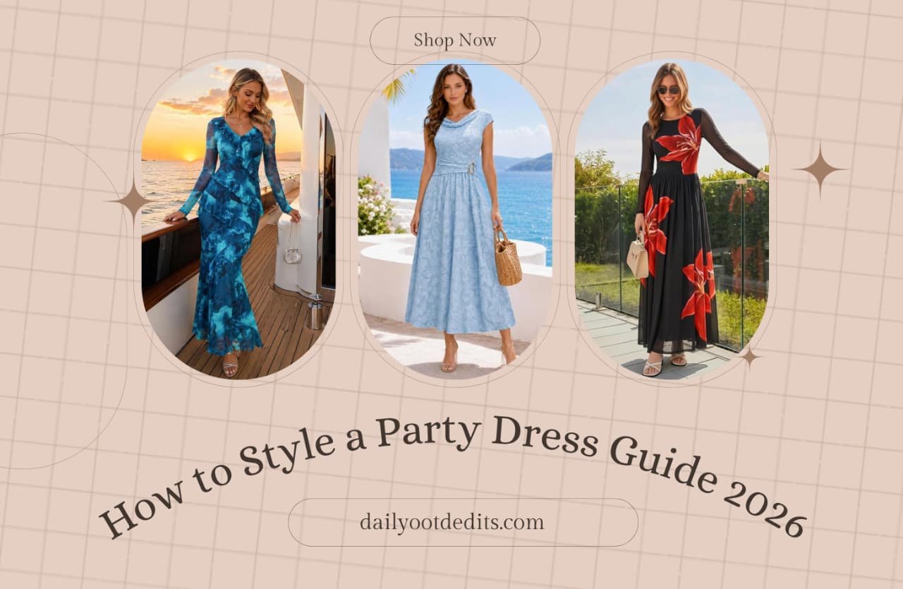 How to Style a Party Dress: Best Looks for Any Occasion 1 Comprehensive collage preview displaying multiple stylish outfits, jumpsuits, and footwear choices for the ultimate party dress styling guide on Daily OOTD Edits.