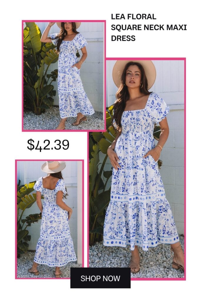 A beautiful floral print maxi dress featuring a classic square neckline, styled for a feminine and sophisticated summer fashion look.