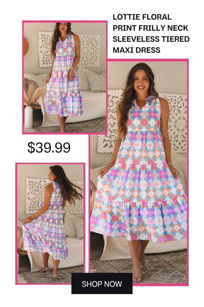 A beautiful floral print tiered maxi dress with a frilly neckline, perfect for summer vacation and boho-chic fashion styles.