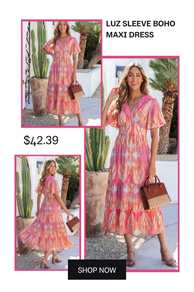 A beautiful boho-style long sleeve maxi dress with flowy fabric, perfect for summer bohemian fashion looks and vacation outfits.