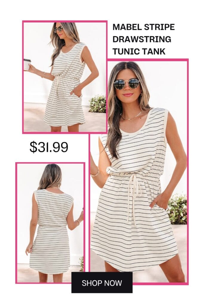 Mabel stripe drawstring tunic tank dress, casual summer brunch outfit, versatile and chic summer fashion.
