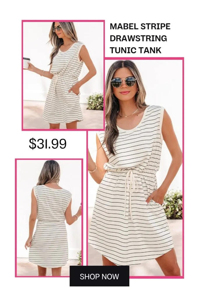 Mabel stripe drawstring tunic tank dress, casual summer brunch outfit, versatile and chic summer fashion.