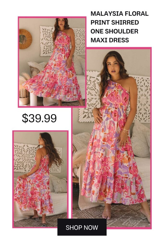 A chic one-shoulder floral maxi dress featuring shirred details, ideal for elegant summer events and evening fashion.