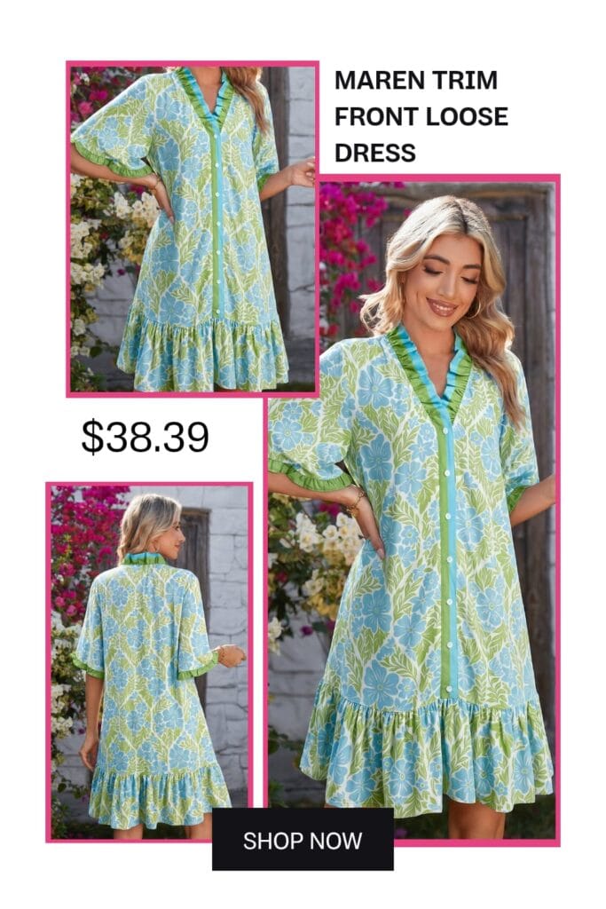 Maren trim-front loose dress for sale, affordable summer brunch outfit with discount, chic relaxed-fit summer dress.