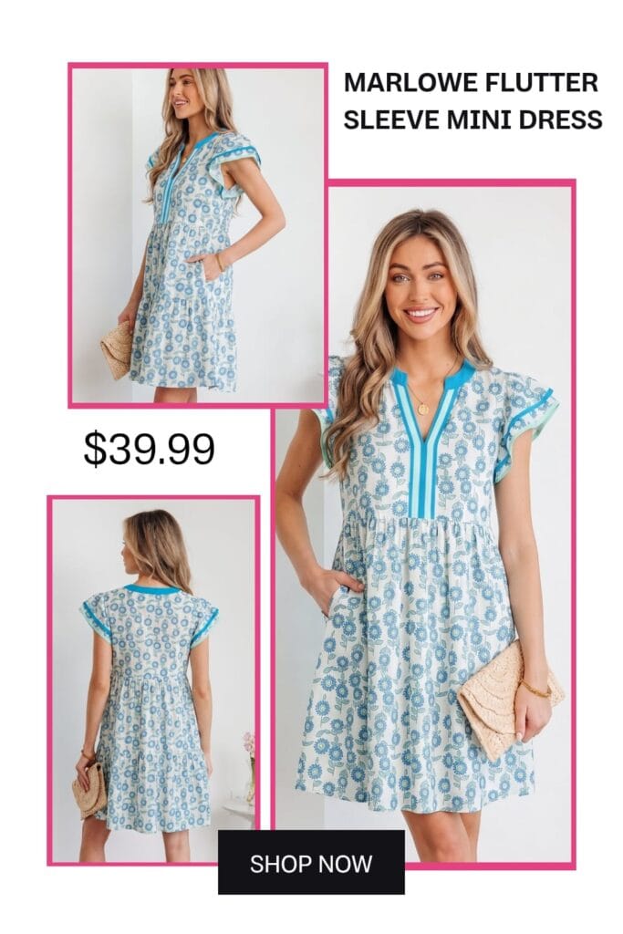 Text: Marlowe flutter-sleeve mini dress for women, chic summer brunch outfit, light and stylish summer fashion.