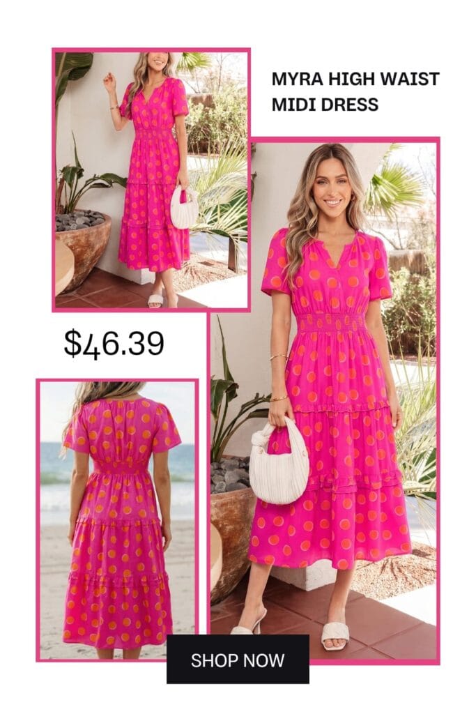 A stylish high-waist midi dress with a flattering fit, perfect for smart-casual and elegant fashion looks.
