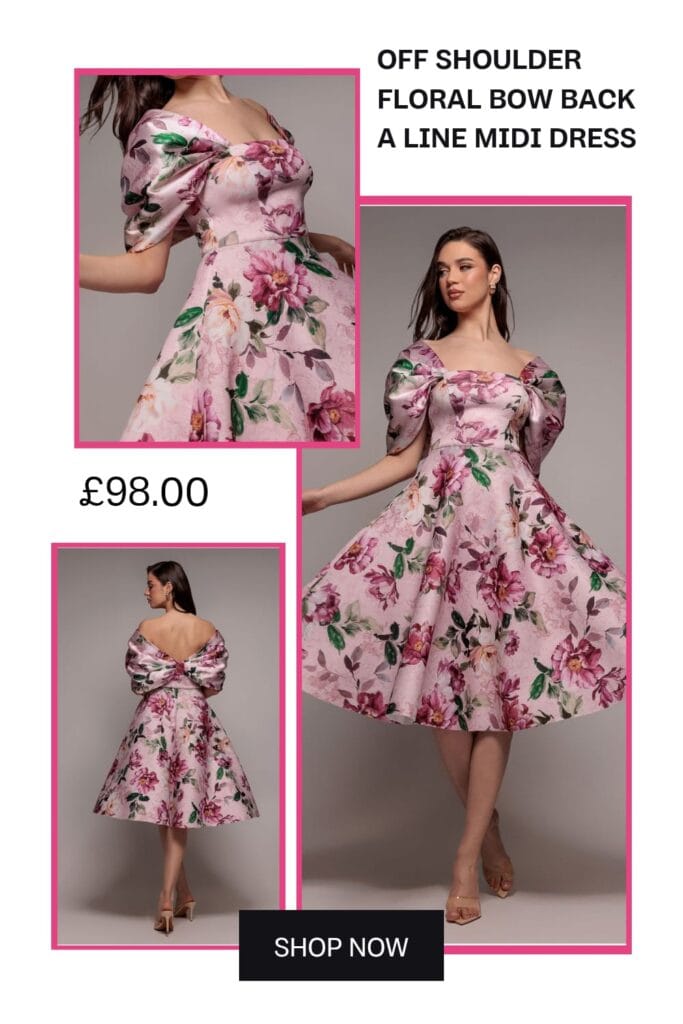A lovely blush pink A-line midi dress featuring a romantic floral print, off-shoulder neckline, and a statement bow back, styled for summer weddings and outdoor celebrations.