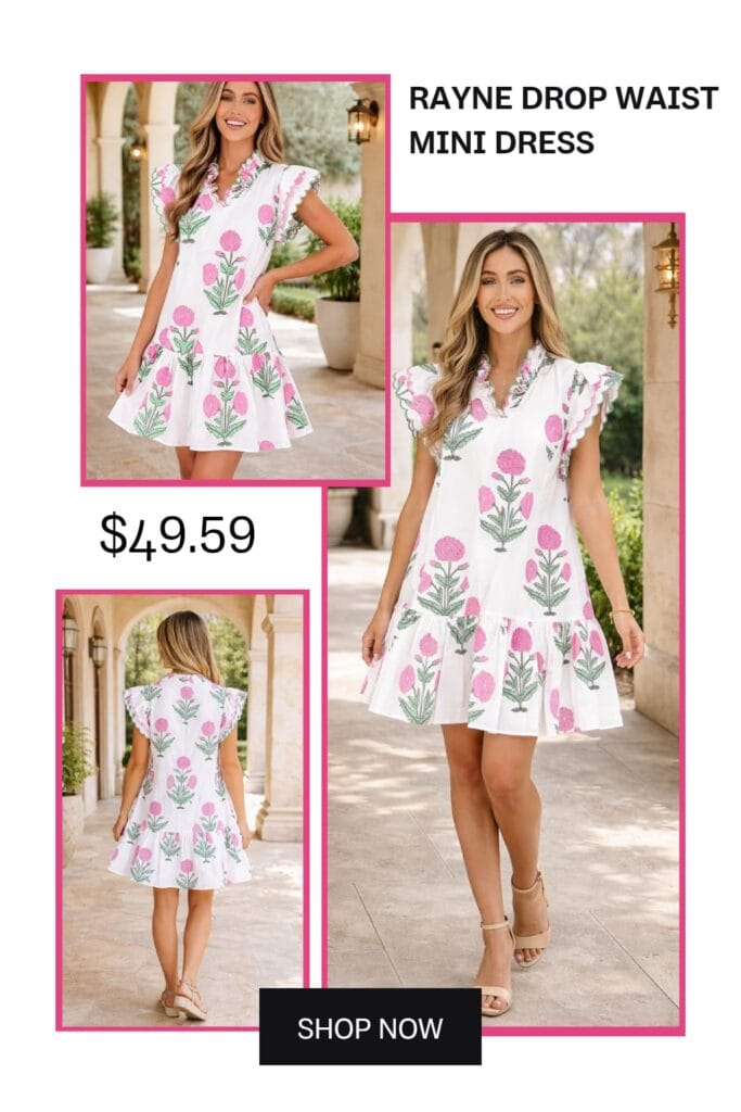 A woman wearing a stylish Rayne drop-waist mini dress for a chic summer brunch outfit, perfect for casual outdoor styling.