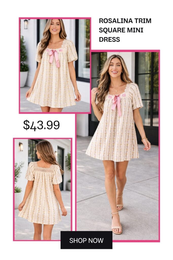 A stylish Rosalina mini dress featuring a square neckline and delicate trim detail, worn as a chic summer outfit for women.
