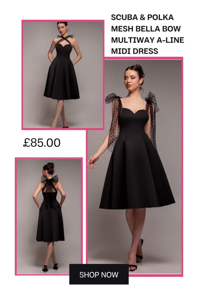 A sophisticated black scuba A-line midi dress featuring a multiway design and Bella bow, styled with polka-dot mesh accents for an elegant evening look.
