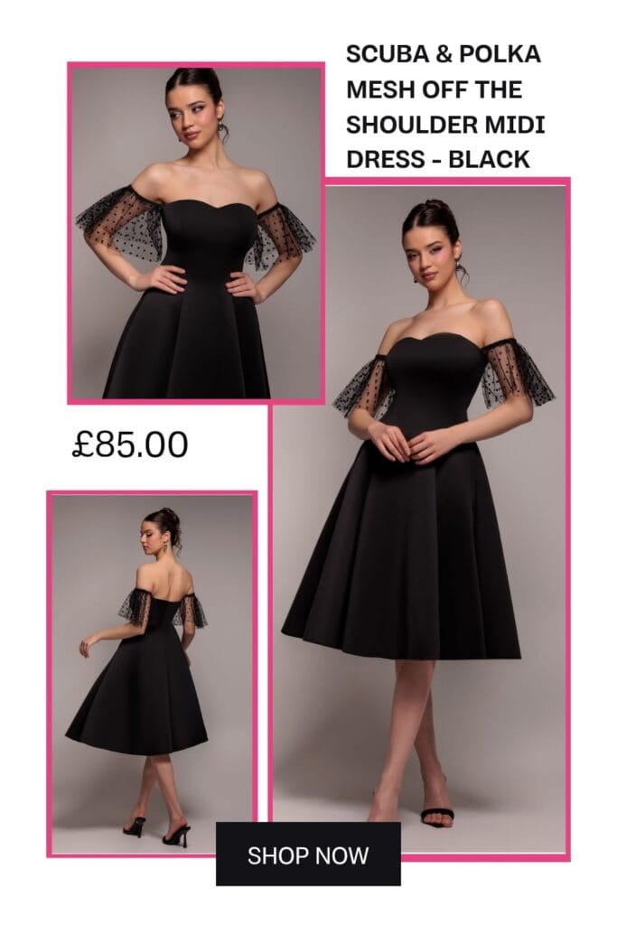 A stylish black scuba A-line midi dress featuring an off-the-shoulder design and polka-dot mesh detailing, styled for evening parties and romantic date nights