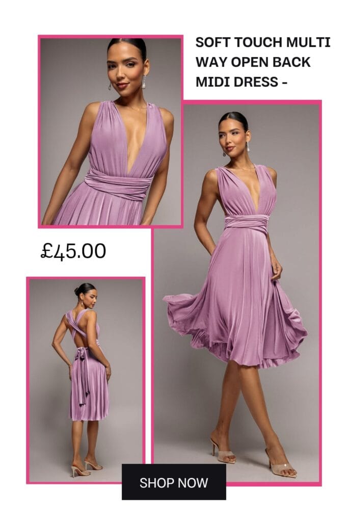 A beautiful dusty pink soft-touch A-line midi dress featuring an elegant open-back design and multi-way straps, styled for formal events and weddings.