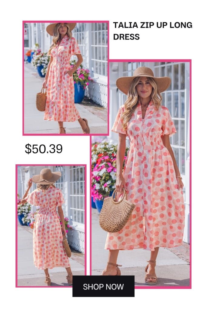 A modern long-length dress with a zip-up front detail, styled as a minimalist and comfortable street-style outfit.
