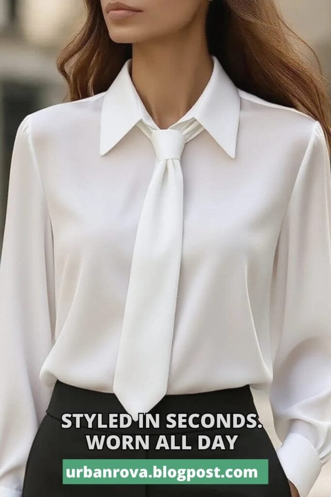The Perfect Office Capsule Wardrobe: 2026 Work Essentials Guide 3 A woman wearing a white semi-formal long sleeve blouse with a stylish bow-tie neck detail. Office Capsule Wardrobe
