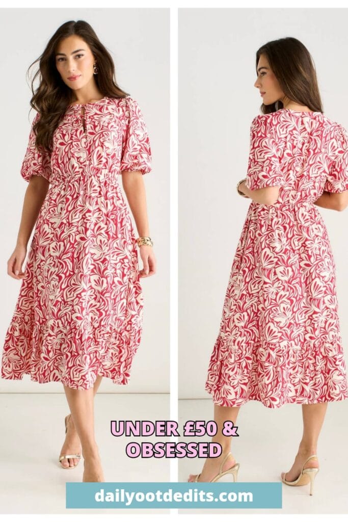 Red paisley print A-line midi dress for summer 2026