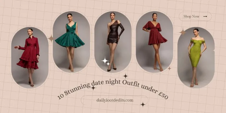 10 Stunning Date Night Outfits Under €50 That Look Expensive 15 A five-panel collage of stunning date night outfits for women, including affordable brown leather, silver sparkle, red skater, and elegant green midi dresses, all under 50 euros.
