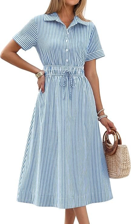 A model wearing the ANRABESS Blue White Stripe Short Sleeve Midi Dress featuring a collared button-down front, an elastic drawstring waist, and functional side pockets for summer casual wear.