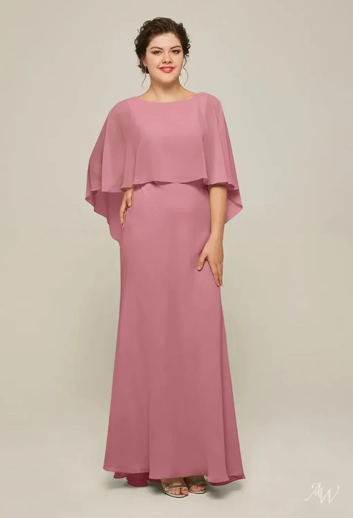 Full-length front view of a model wearing the AW Adina Dress in desert rose, featuring an A-line cut, elegant bateau neckline, and 3/4 sleeves, perfect for wedding guest attire and formal events.