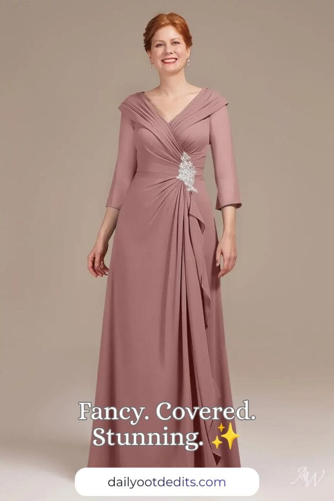 A floor-length modest formal dress in dusty rose, featuring a soft silhouette and elegant neckline, perfect for summer weddings and gatherings.