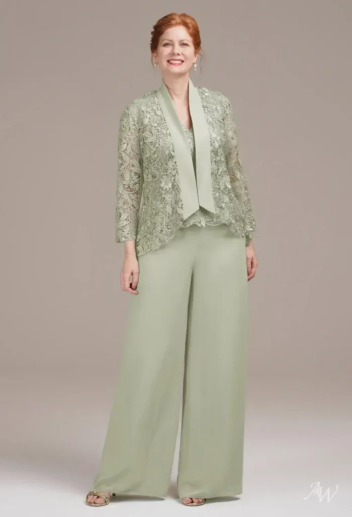 Full-length view of a model wearing the AW Geranium Pants Set, featuring a floor-length V-neck silhouette with intricate lace jacket detailing, designed specifically for modern mother of the bride attire and formal occasions.