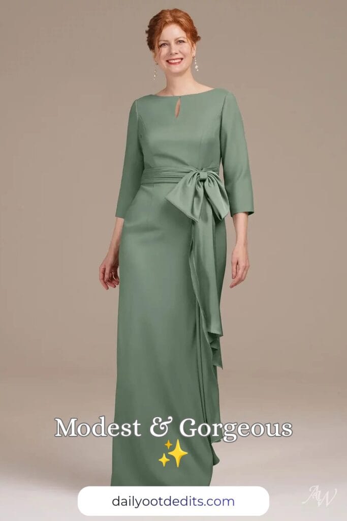 A floor-length modest formal dress in oil green, featuring a sophisticated design and flowing fabric, suitable for summer formal events.