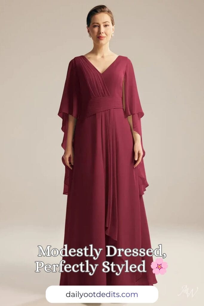 A floor-length modest formal dress in deep burgundy, featuring a structured bodice and flowing skirt, perfect for elegant summer events.
