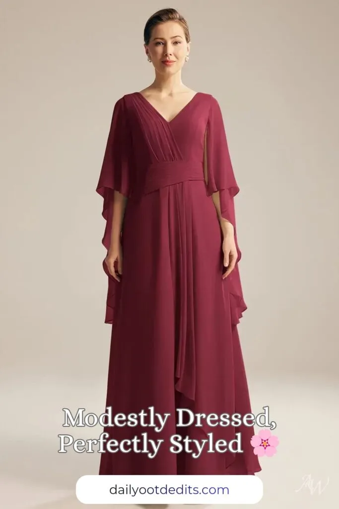 A floor-length modest formal dress in deep burgundy, featuring a structured bodice and flowing skirt, perfect for elegant summer events.
