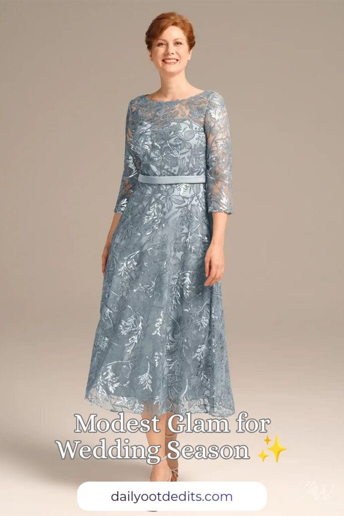 A floor-length modest formal dress in soft mist blue, featuring a flowing silhouette perfect for elegant summer formal events