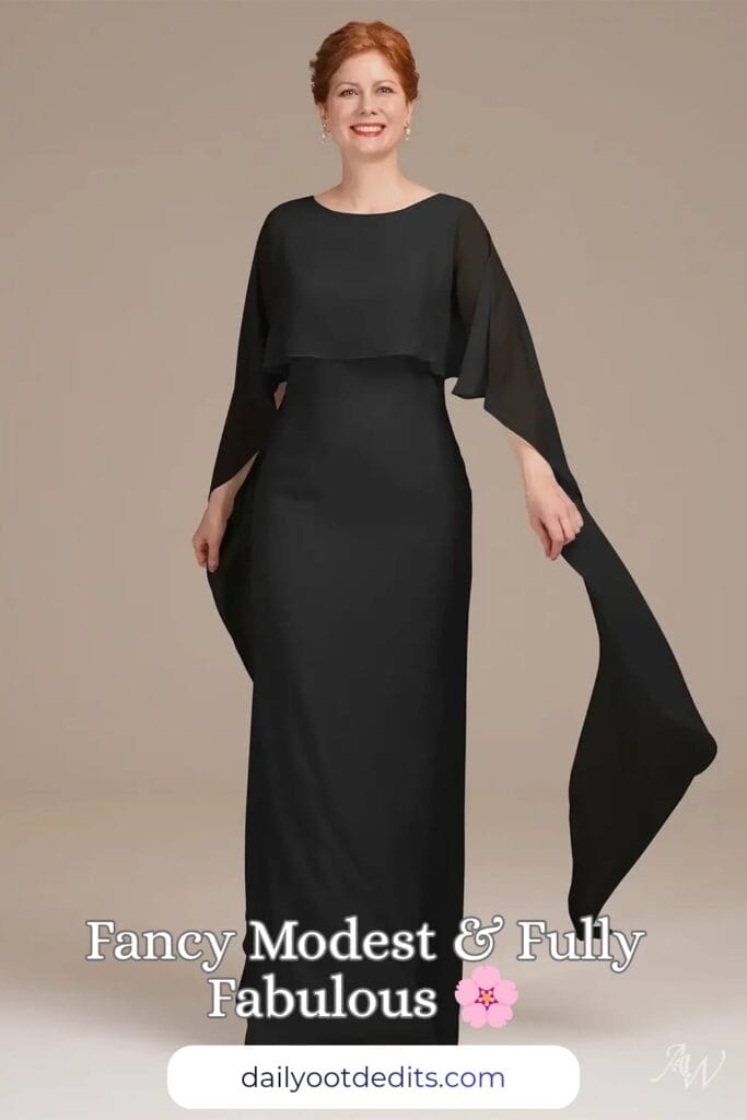 A floor-length AW Lucilla Modest Occasion Dresses black dress with long flowing sleeves and chiffon fabric, styled as a modest formal gown for summer occasions.