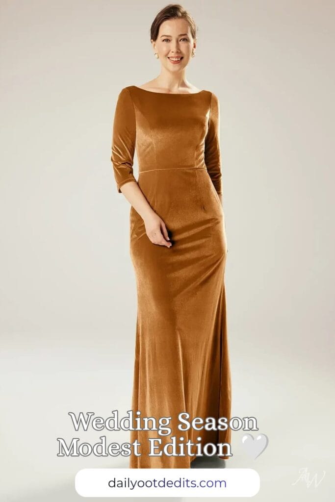 A floor-length modest formal dress in burnished gold, featuring a sophisticated silhouette and elegant design, suitable for summer evening events.